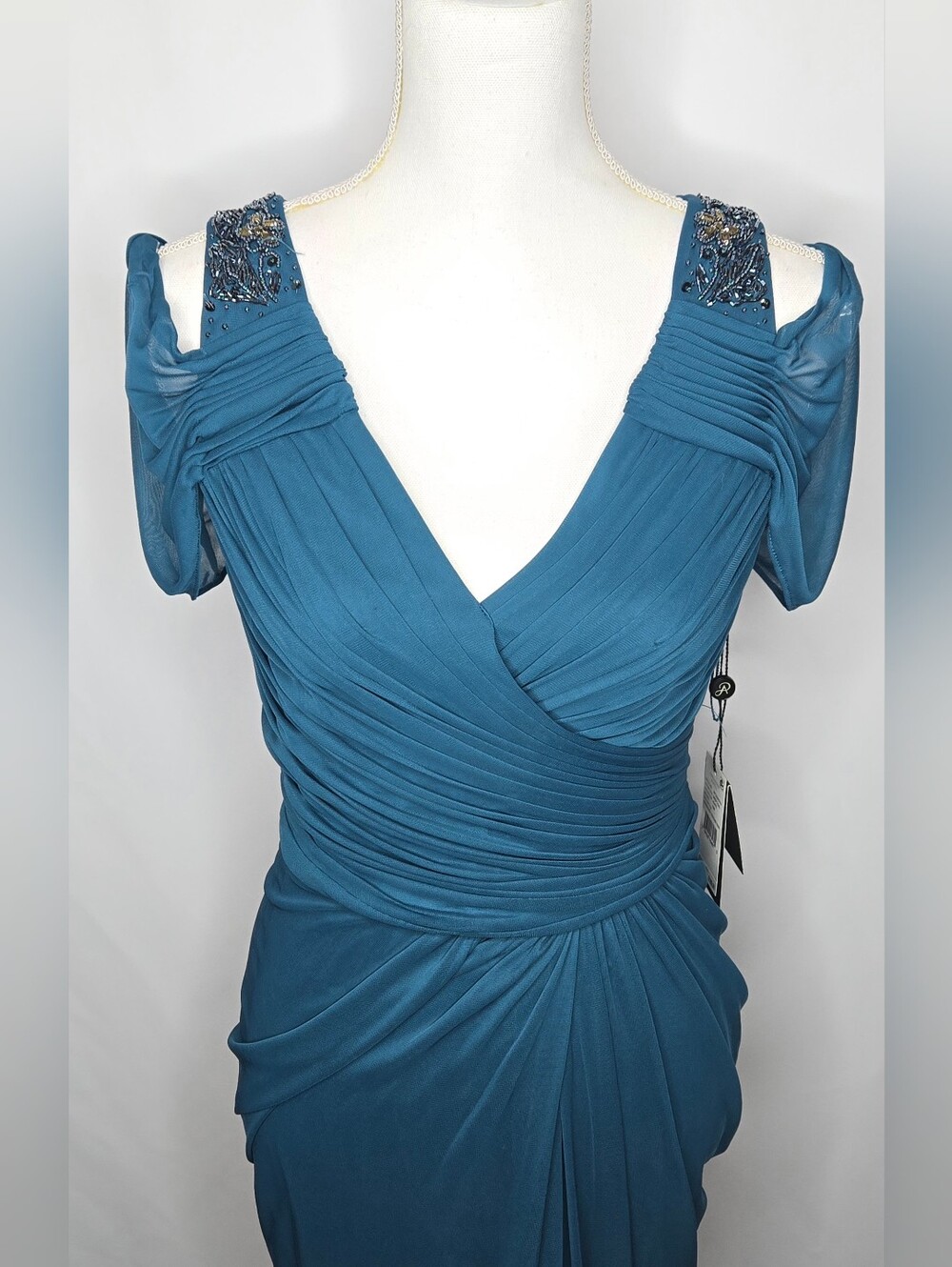 Adrianna Papell Wedding Guest Peacock Teal Beaded Chiffon Evening Gown NWOT 10 - Picture 4 of 14